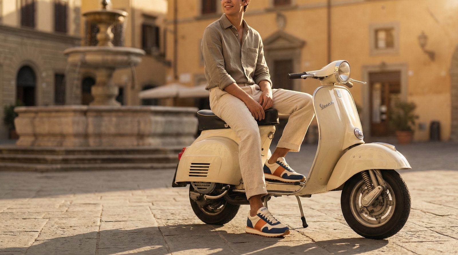 Junger Mann auf cremefarbener Vespa mit ROVIO Sneakern auf einem italienischen Platz