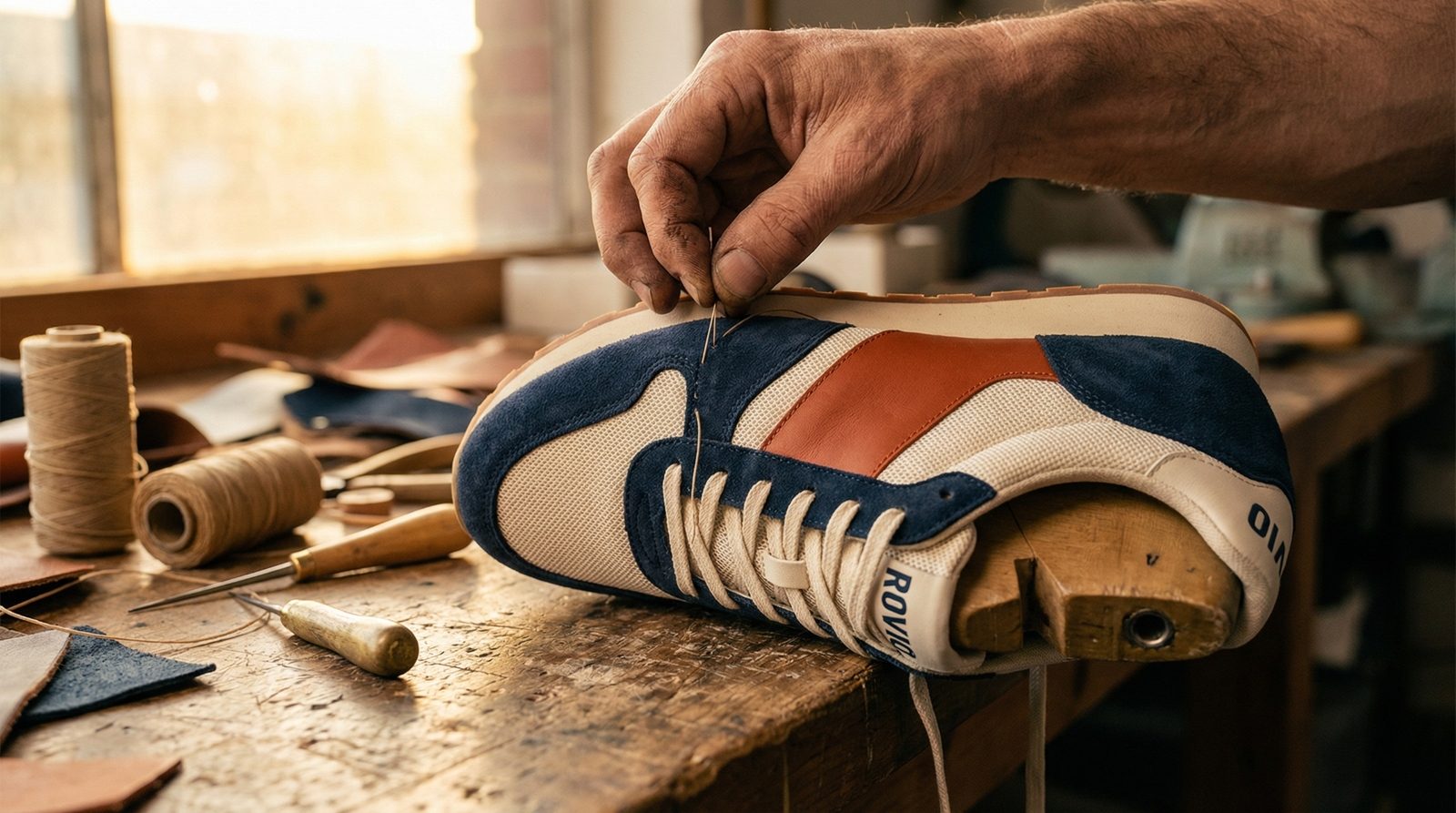 Handnaht am ROVIO Sneaker – Detailaufnahme der Handwerksarbeit