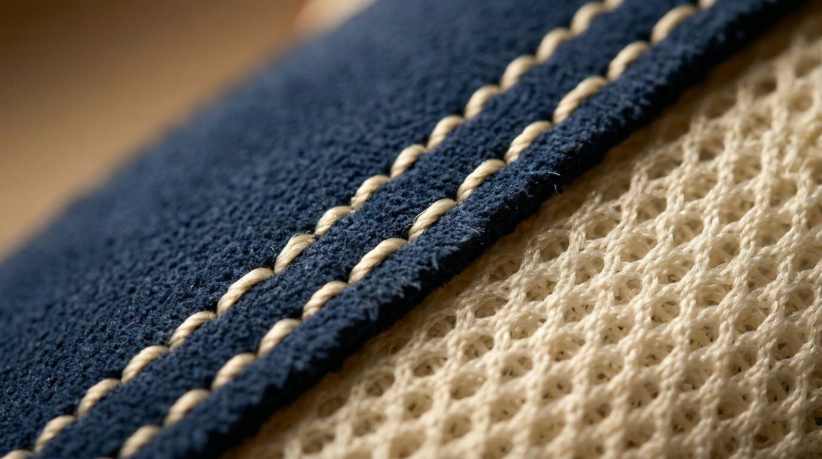 Extreme Close-up: Naht zwischen Wildleder und Mesh
