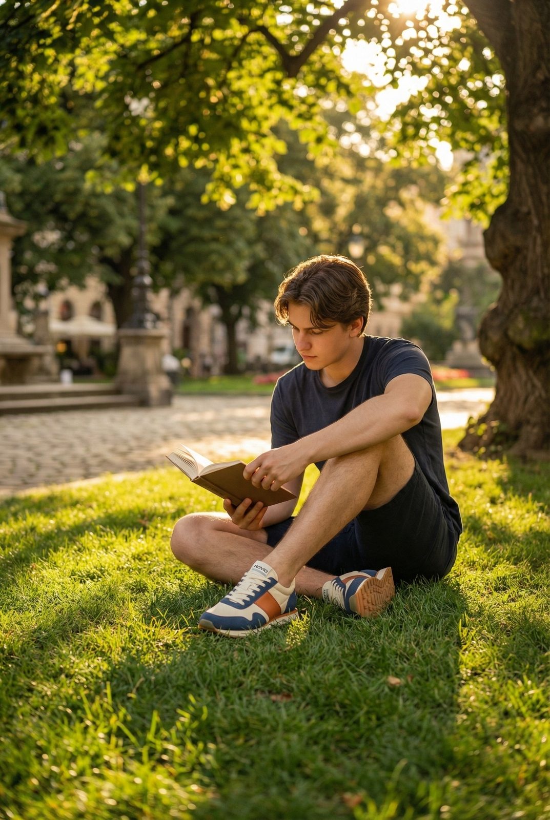 Junger Mann liest ein Buch im Park mit ROVIO Sneakern im warmen Gegenlicht